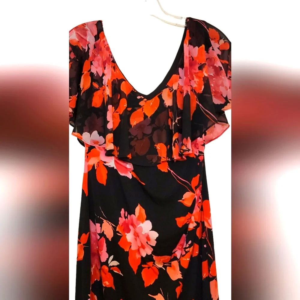 Connected Apparel Floral  Sheer Overlay Ruched A-line Midi Dress